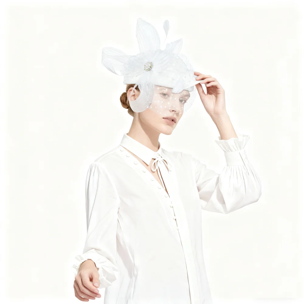 المألوف بلون ريشة قبعة العروس الزفاف أغطية الرأس النساء الأزهار الشعر عقال أنيقة الزفاف إكسسوارات الشعر بونيه #1