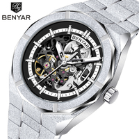 New BENYAR Men's Watch 3D Gemstone Hollow Automatic Mechanical Watch Night Light Rose Gold Stainless Steel Strap  Montre Homme