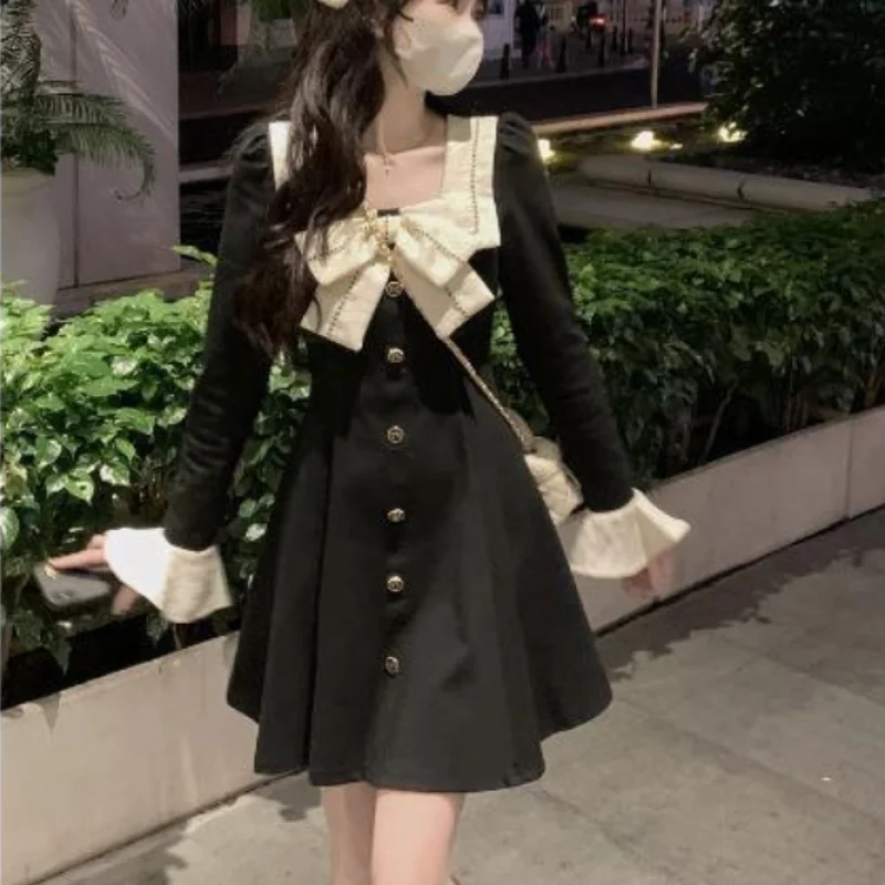 

Autumn Vintage Black Y2k Mini Dress Office Lady Slim Elegant Party Dress Casual Sweet Korea Fashion Dress Woman Button Chic