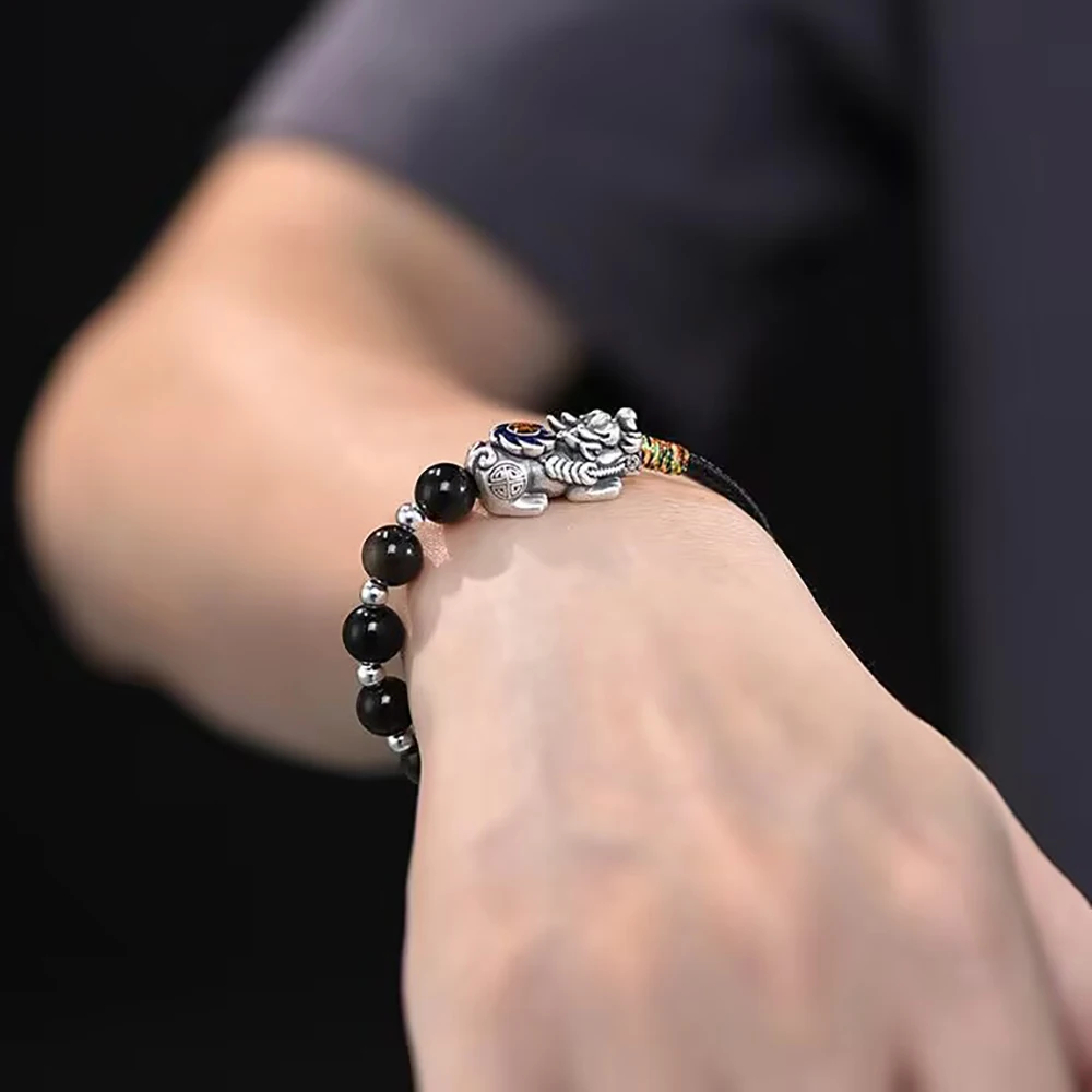 

1 Piece Vintage S925 Silver Bracelet For Men DIY Pixiu Obsidian Hand Woven Rope Male Party Shopping Jewelry Gifts