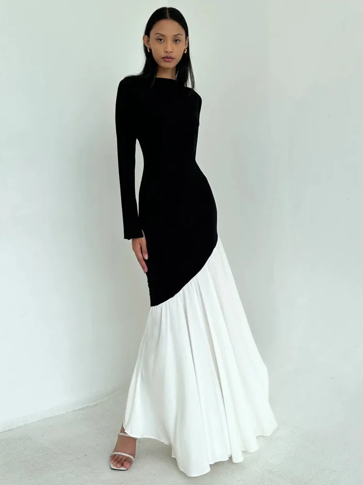 JULISSA MO Patchwork Round Neck Pleated Women Maxi Dress Black Long Sleeve Evening Dress Femme Autumn New Elegant Party Clubwear