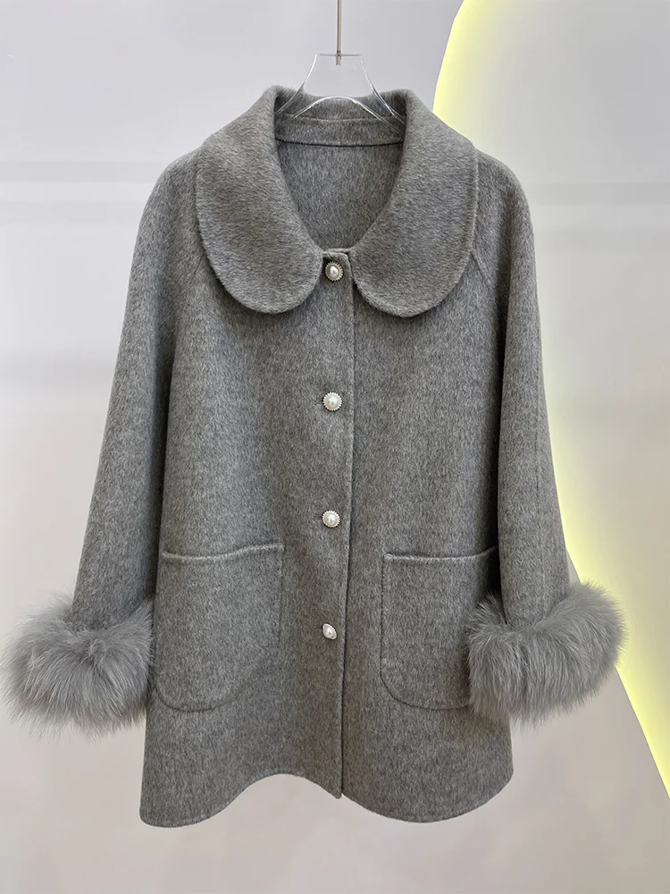 

Новое зимнее шерстяное пальто, женская куртка из натурального лисьего меха с манжетами, толстая теплая верхняя одежда, съемная повседневная куртка