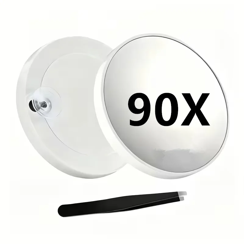 90x Magnifying Makeup Mirror, Available in a Variety of Colors and Styles. Comes Standard with Dual Suction Cups and Tweezers