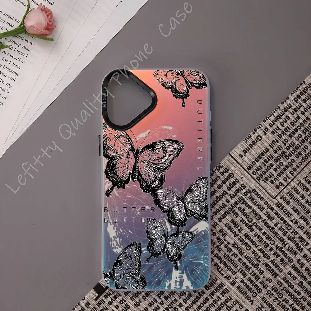 Retro Black Butterfly Fashion Phone Case For IPhone 17 16 15 14 13 12 11 Plus Pro Max Multicolor Aurora Laser Shockproof Funda