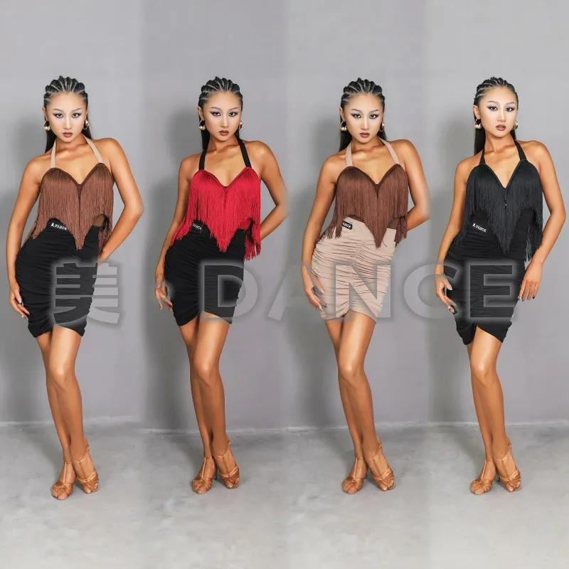 Customized Latin Dance Skirt Women's Adult Practice Dress Performance Dress Strap Tassel Top Folded Hip Wrapping Half Skirt Set