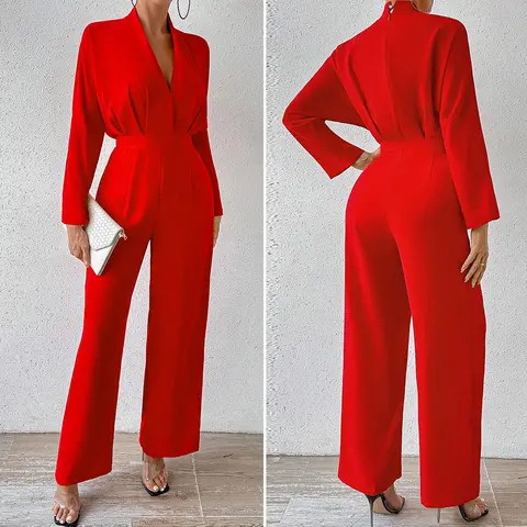 Damski kombinezon w stylu francuskim, całoroczny strój do biura, jednolity czerwony, dekolt w serek, długi rękaw, szerokie nogawki, długość do kostek, elegancki wygląd.