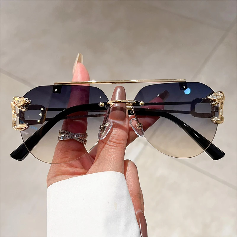 KAMMPT Vintage męskie okulary przeciwsłoneczne bez oprawek modne Pilot Gradient Outdoor niebieskie odcienie marka modowa damskie okulary przeciwsłoneczne do jazdy