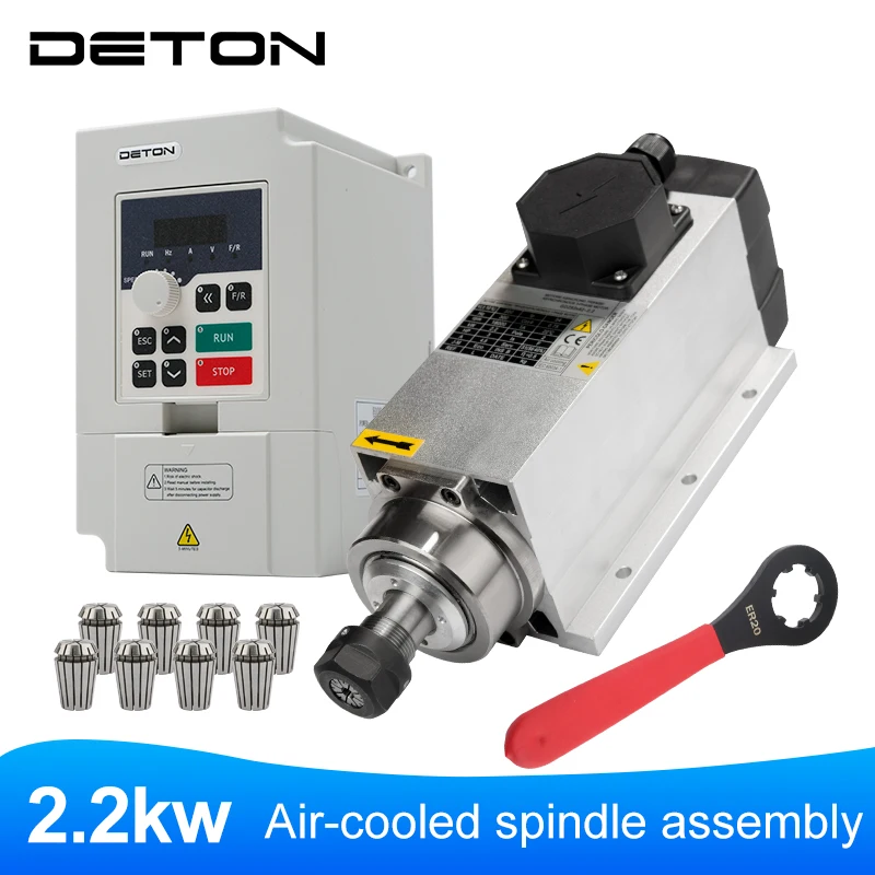 

2,2 кВт, 220 В/380 В, 18000 об/мин, шпиндельный двигатель с воздушным охлаждением в комплекте с частотным преобразователем DETON 2,2 кВт, ключ для патрона ER20, станок с ЧПУ