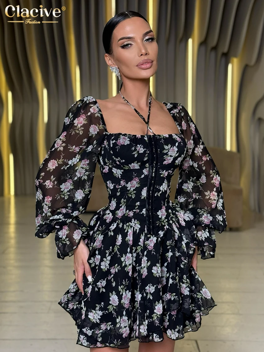 

Clacive Fashion Loose Print Women's Dress 2025 Sexy Square Collar Long Sleeve Mini Dresses Elegant Classic Pleated Female Dress