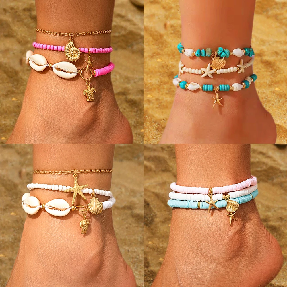 Bohemian Shell Seestern Perlen Fußkettchen Set für Frauen Mode Sommer Strand Muschel Mehrschichtige Kette Knöchel Schmuck