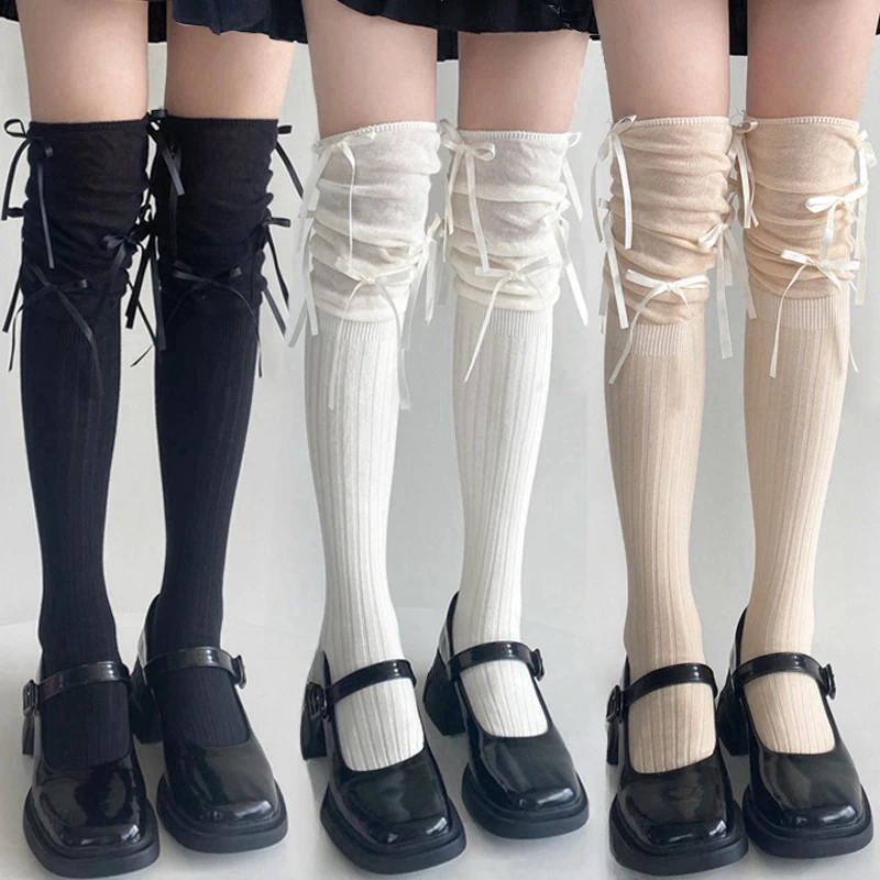 

Длинные носки в стиле Лолиты, женские бандажные ленты с бантом, милые кавайные гольфы для девочек, однотонные черные, белые носки в балетном стиле