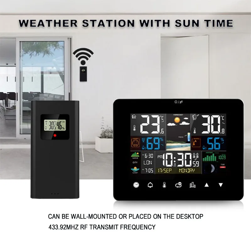 Multifunctional Weather Station Alarm Clock, Wireless Thermometer and Hygrometer, Touch Screen, Sunrise and Sunset, 3362G