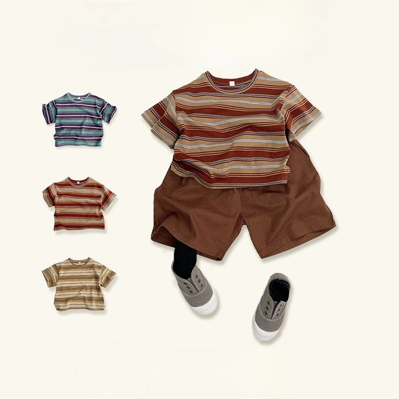 Retro Color Short Sleeved Children Striped T-shirt Summer Simple Versatile T-shirt Boys Clothes Girl Clothes Ropa De Niña 2025