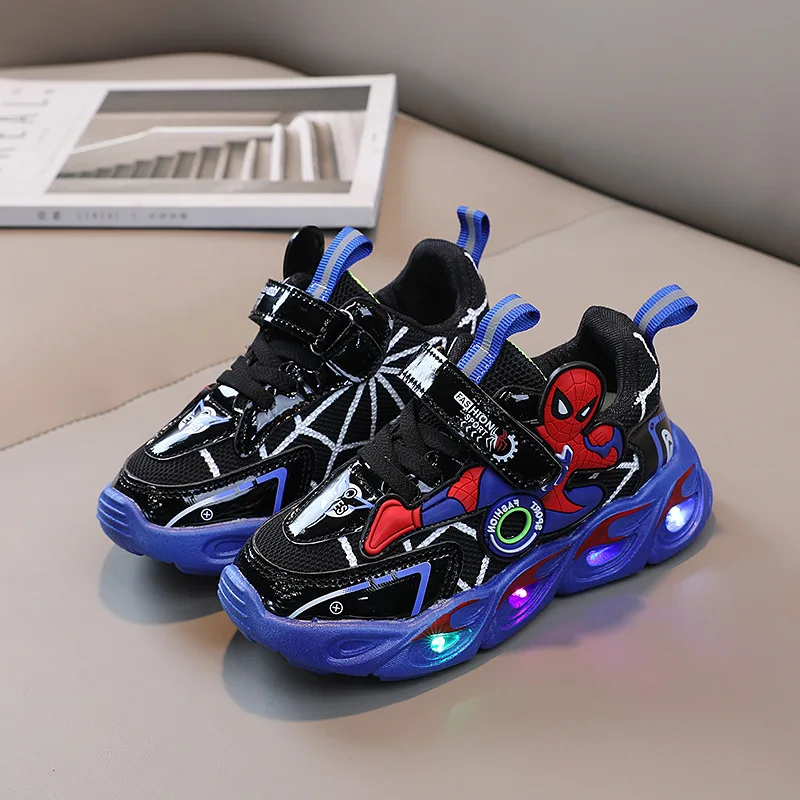 Disney Boy\'s Dazzling Cool Cartoon Spider Man Luminous Shoes Kids Sneakers Kids LED Lighted Tennis Soft PU Leather Sports Shoes