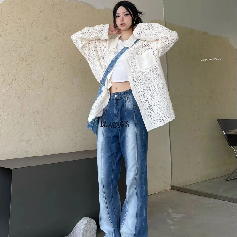 2025 verão feminino americano retro polo pescoço oco camisa solta versátil cardigan topo