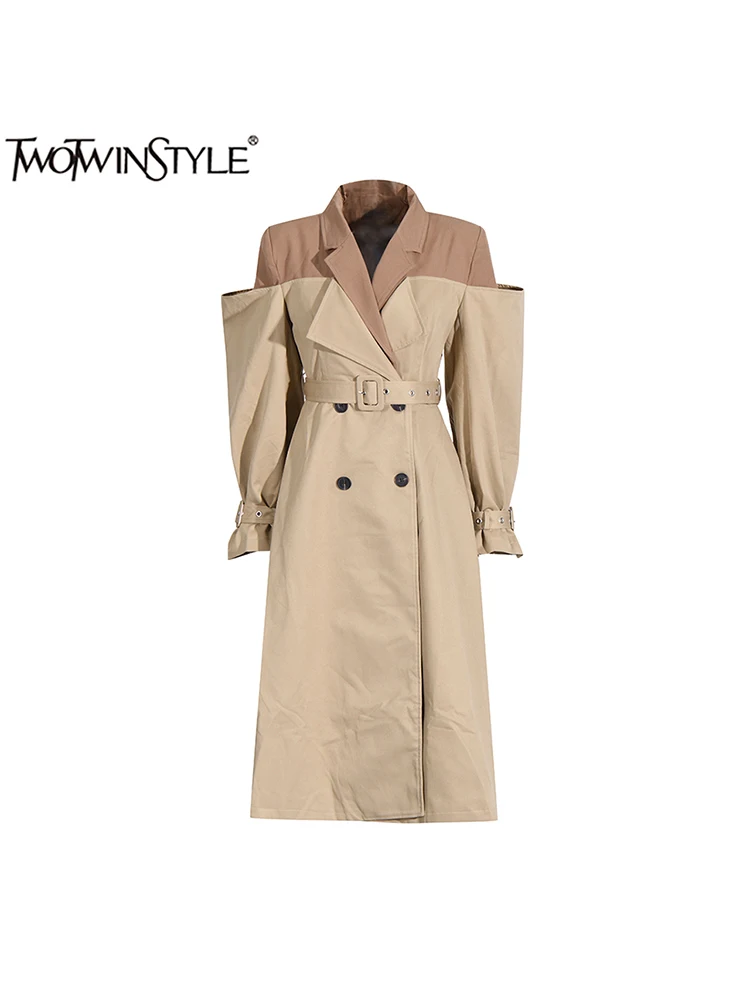 

TWOTWINSTYLE Hit Color Elegant Trenches For Women Notched Collar Long Sleeve Patchwork Belt Long Trench Female Fashion Clothing