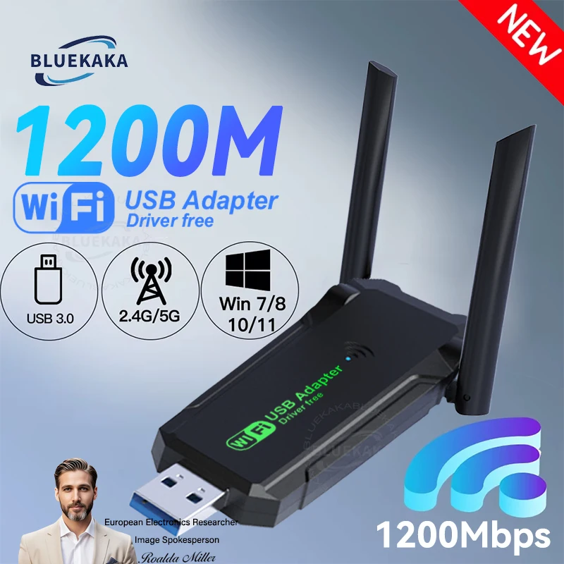 

USB 3.0 WiFi-адаптер 1200 Мбит/с, двухдиапазонный 2,4 ГГц/5 ГГц, высокоскоростной Wi-Fi-донгл, беспроводной приемник, бесплатный драйвер для настольного компьютера, ноутбука, Win 7/8/10/11