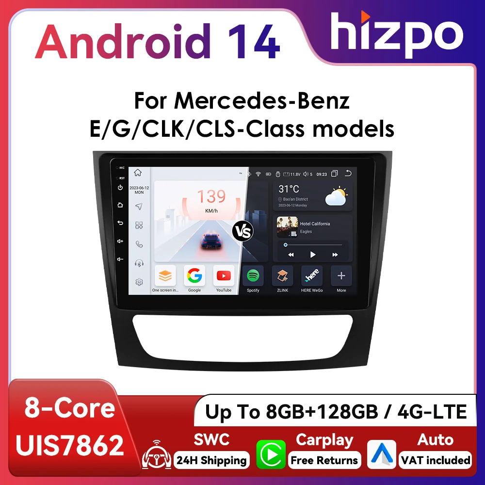9 "hizpo android autoradio für mercedes benz e-klasse w211 w219 g-klasse w463 clk w209 2001-2009 rds dsp gps bt 4g auto carplay