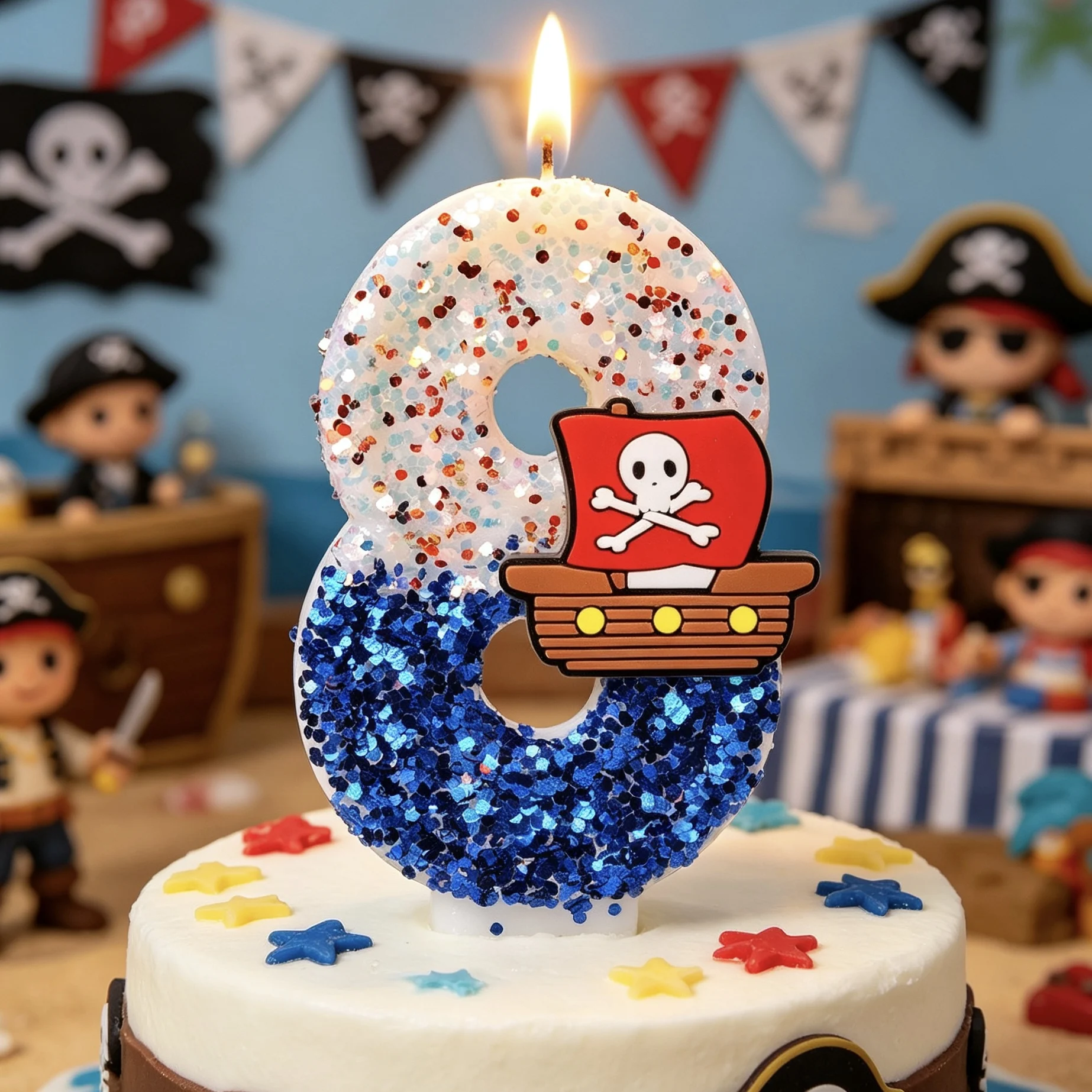 Neuartige Piratenschiff-Totenkopf Glitzer-Zahlenkerzen Kreative Kuchendekoration Perfekt für Kinder-Piraten-Geburtstagsfeiern