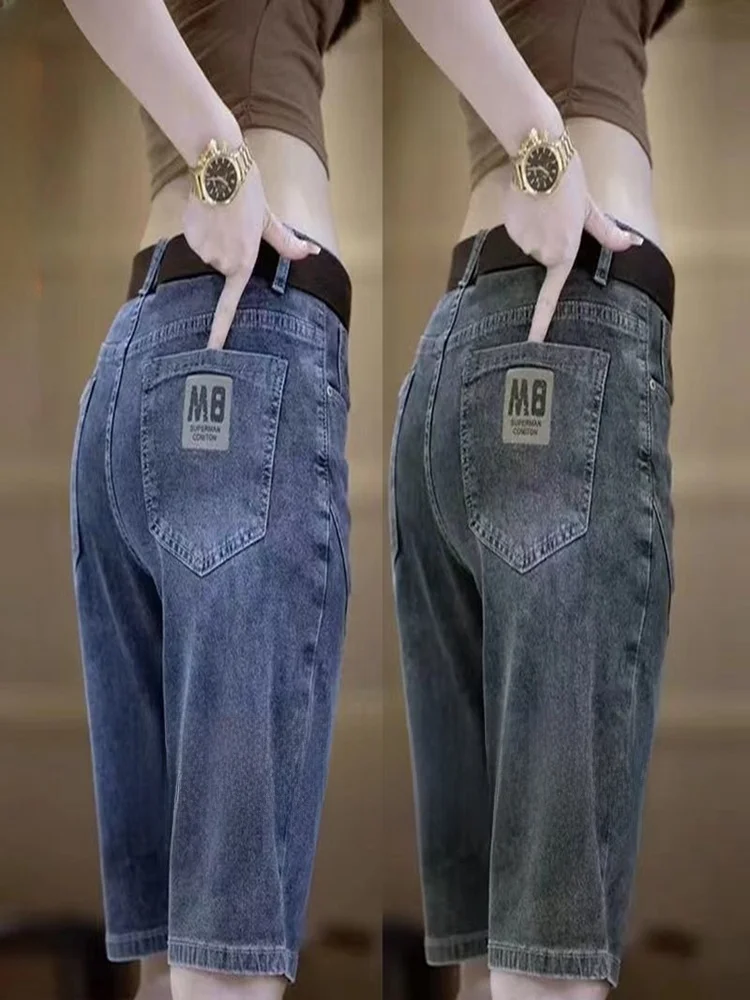 

Летние тонкие свободные мужские джинсы пять четвертей, повседневные износостойкие хлопковые эластичные джинсы с высокой талией и прямыми штанинами