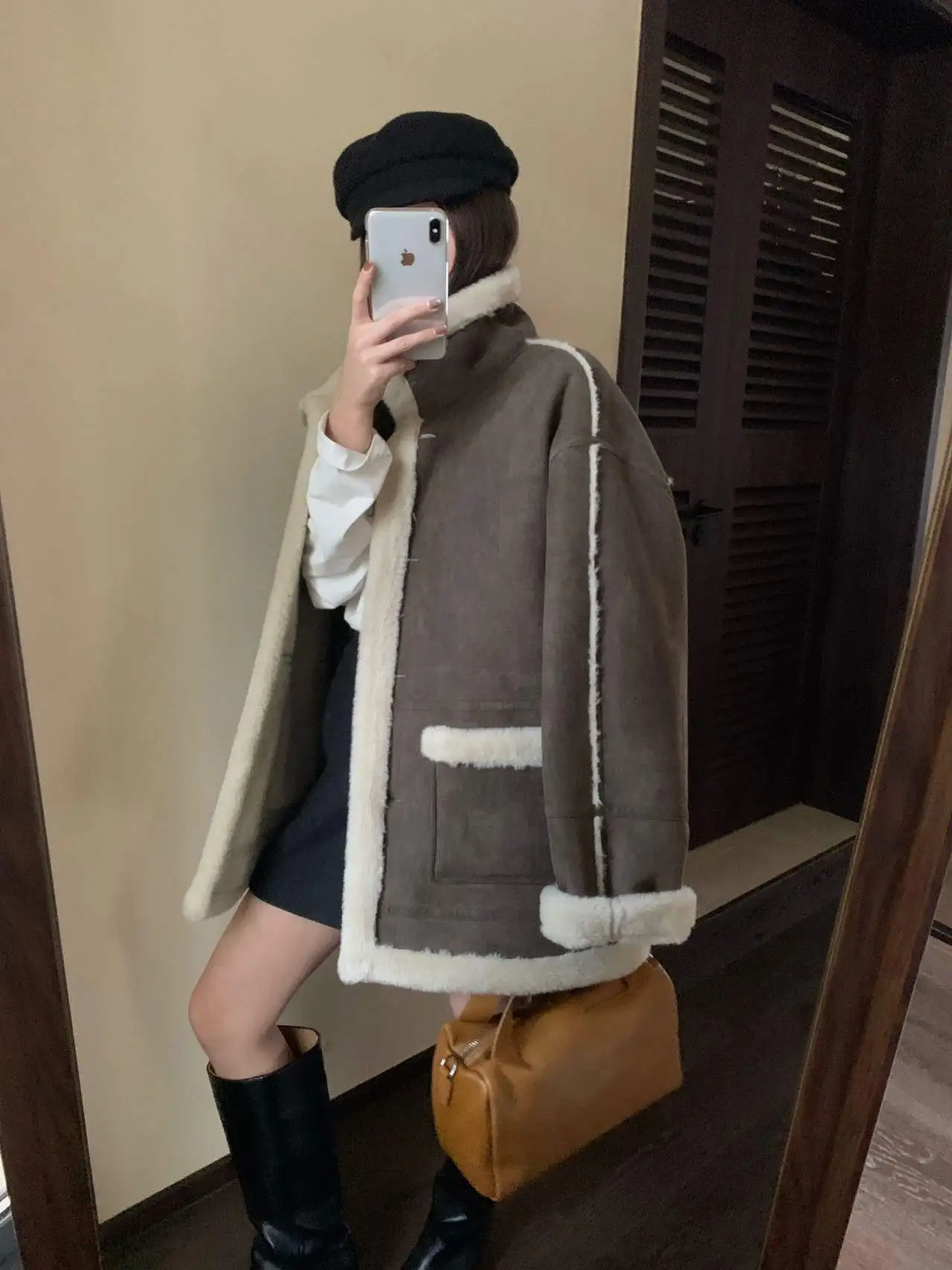 Thiened Fce 暖かさ カジュアル ルーズフィット スタンドカラー レザーとファー インテイテッド 秋冬 アウター S4404 レトロ Sle