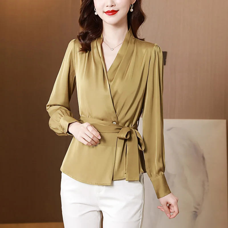 

Блузка женская свободного покроя на шнуровке, повседневный мягкий однотонный элегантный топ для офиса, модный шикарный топ с V-образным вырезом, на весну