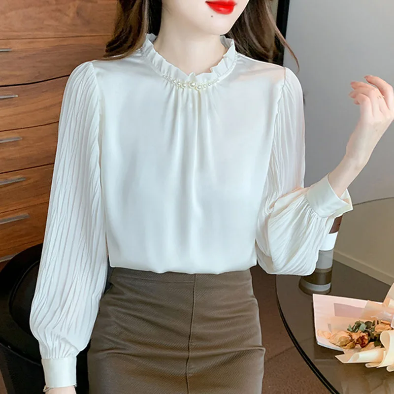 

Fashion Long Sleeve Blouse Women Apricot Beading Rufflrd Chiffon Blouse Shirt Women Tops Blusas Camisas De Mujer Blusa 2024 G929