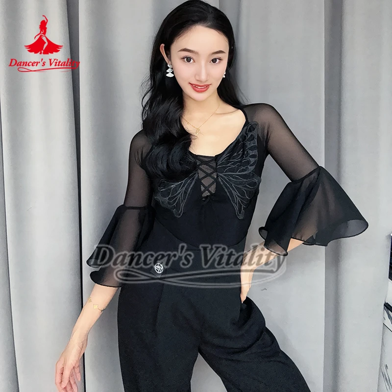 Flared Half Sleeves Latin Ballroom Dance Training Black Butterfly Style Tops Include Chest Pad Waltz Practice Clothe Collocation
