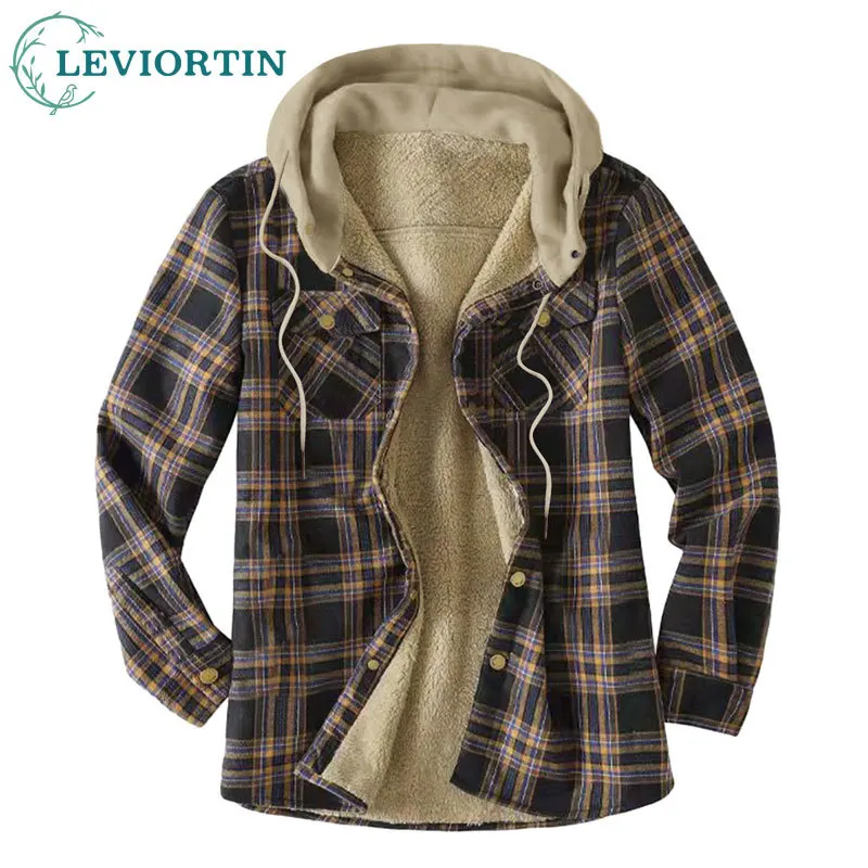 

Casual Winter Men Hooded Plaid Shirts Jacket 2022 Thick Velvet Lined Flannel Workwear Male Padded Jacket Coats Camisas De Hombre