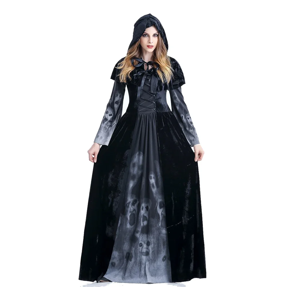 Costume de Cosplay d'Halloween pour Femme et Fille, Tenue de Renaissance Médiévale, Robe de Barrage Noir, Reine de Vampire Gothique