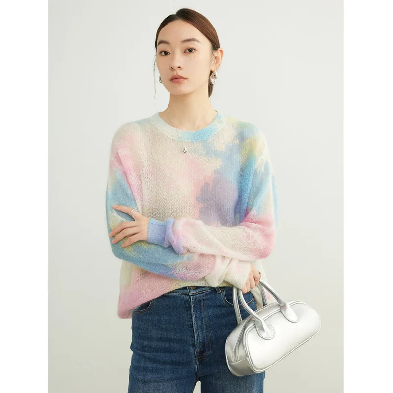 

Autumn Gradient Wool Mohair Sweater Women Long Sleeve Rainbow Thin Knitwear Tops