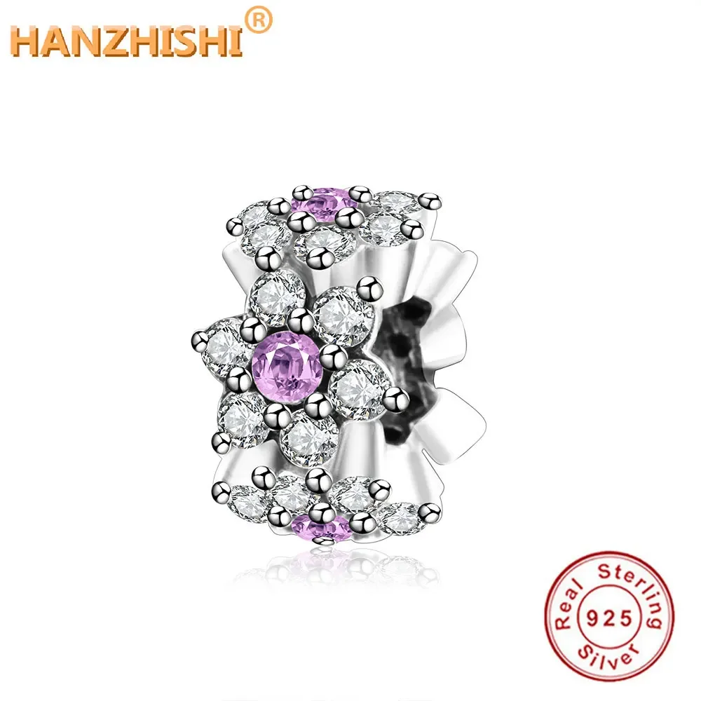 925 Sterling Silver DIY Beads Purple Clear CZ Forget Me Not Spacer Charms Fits Original Charms Bracelet Necklace Jewelry Making