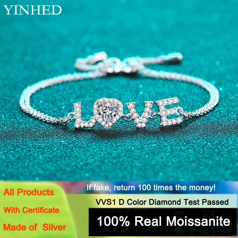 

Yanleyu Romantic LOVE Heart Bracelet for Women Original 925 Sterling Silver 0.5CT Moissanite Fine Jewelry Valentine's Day Gift