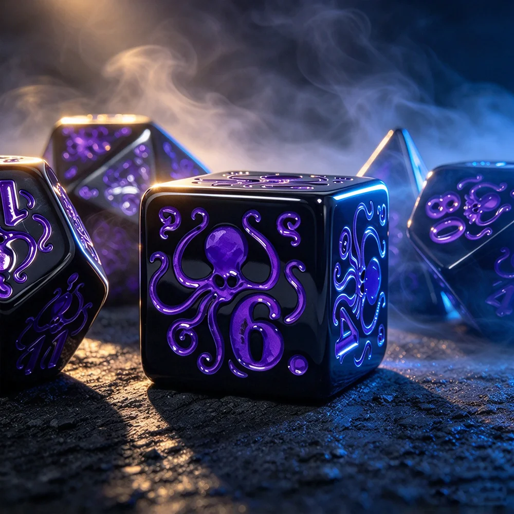 7Pcs Octopus Pattern Polyhedral Dice Set, Black Base With Purple Octopus Engraving, DND RPG Tabletop Role Playing Game Dice