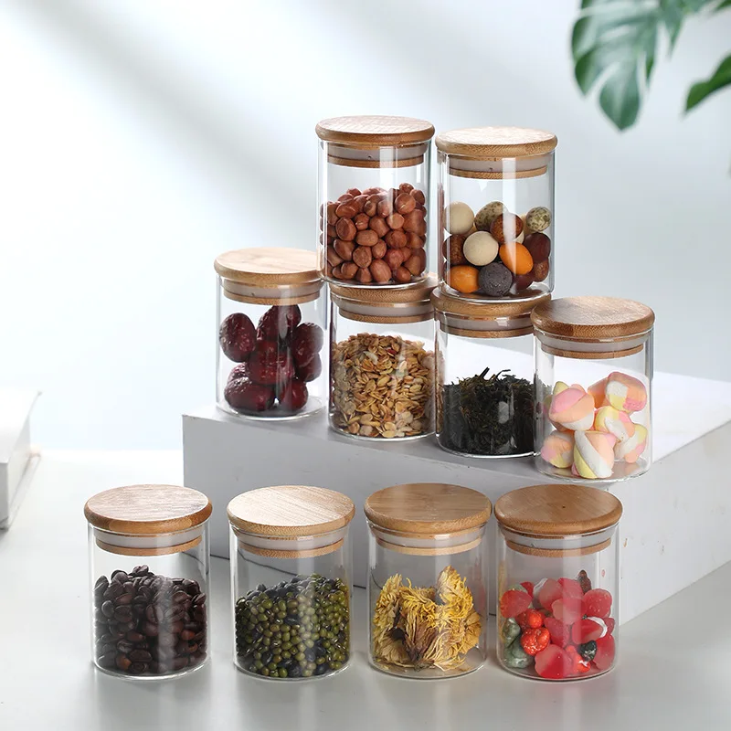 Glass Food Storage Jars 10-Pack Clear Glass Food Canisters with Bamboo Lid Airtight For Tea/Coffee/Sugar/Candy/Spice and More