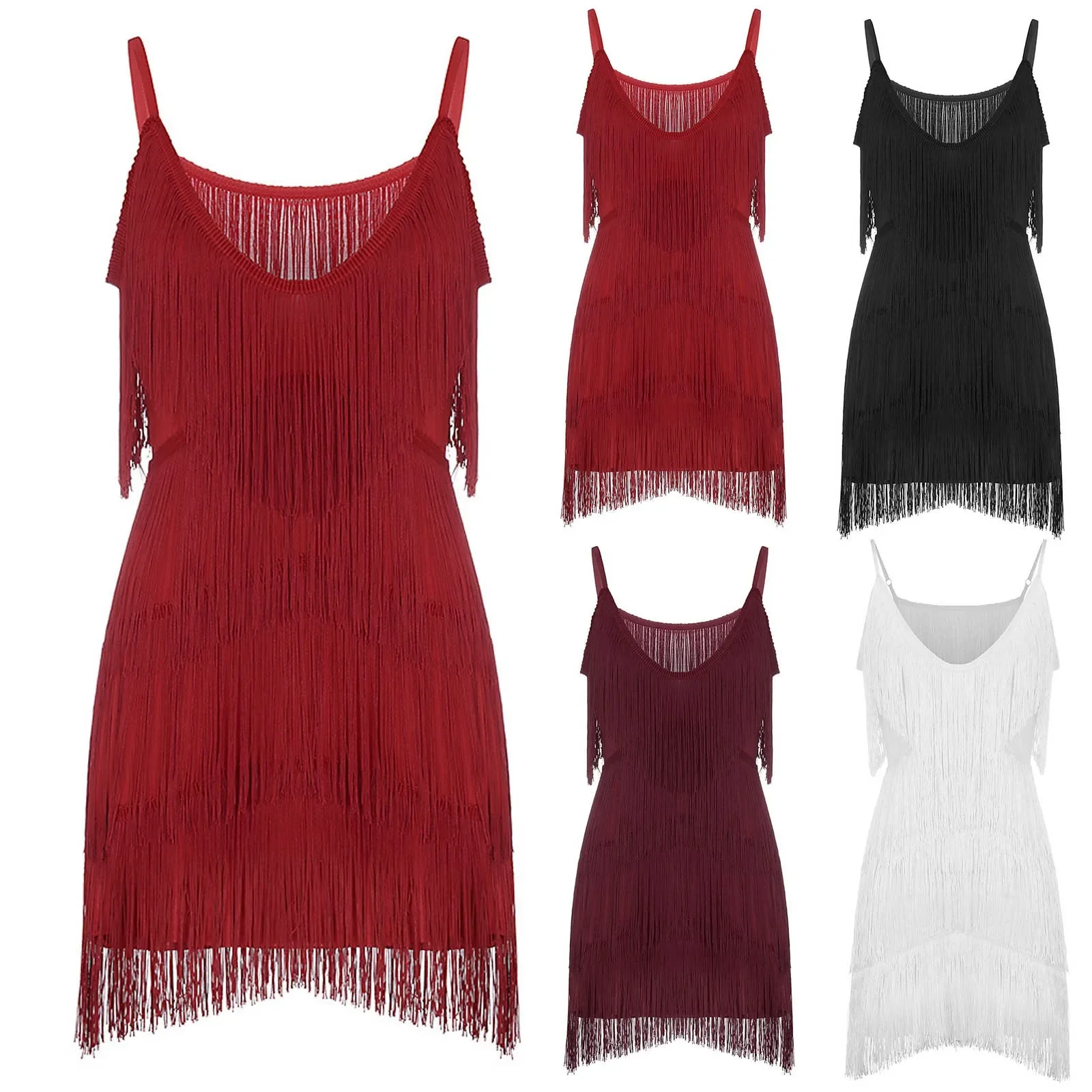 

Women Sexy Tassel Latin Dress Tiered Fringe Flapper Dress Evening Nightclub Dancing Fancy Costumes C-Neck Dress For Women