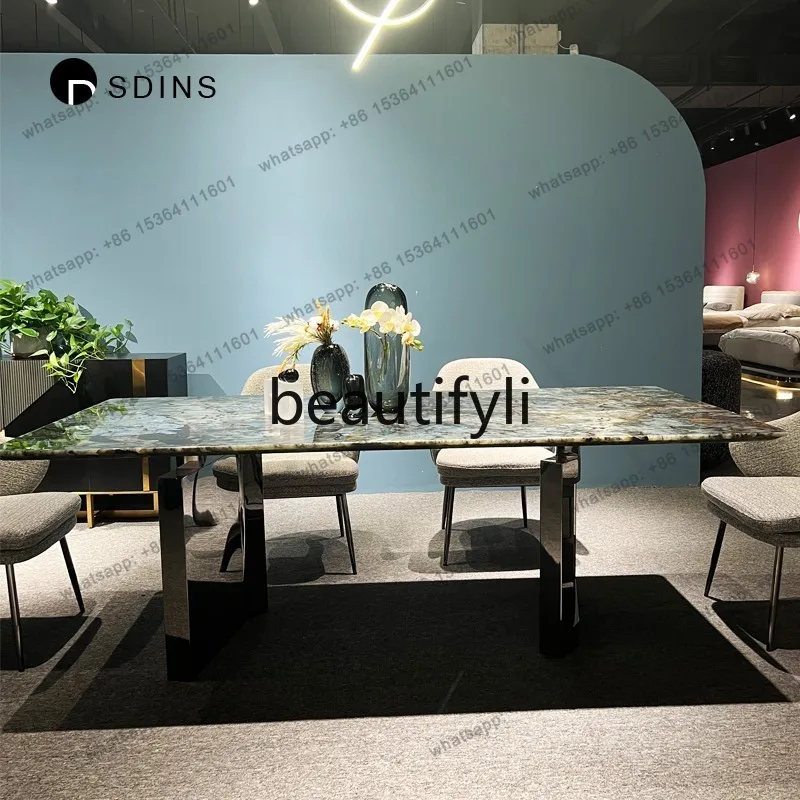 Light luxury natural blue jadeite luxury stone dining table villa large flat floor, minimalist large dining table rectangle