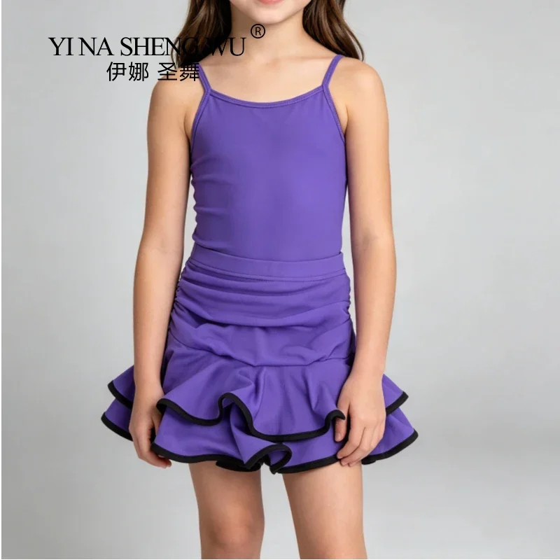 Girls Latin Dance Culottes Skirt Mult Tone Ruffle Kids Ballroom Samba Cha Cha Practice Performance Dance Outfit