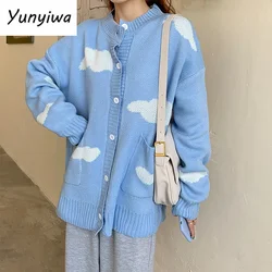 Japanese Kawaii Harajuku Cardigan Women Cloud Print Korean Loose Blue Sweater Coat All Match Knitted Cardigans Jumper