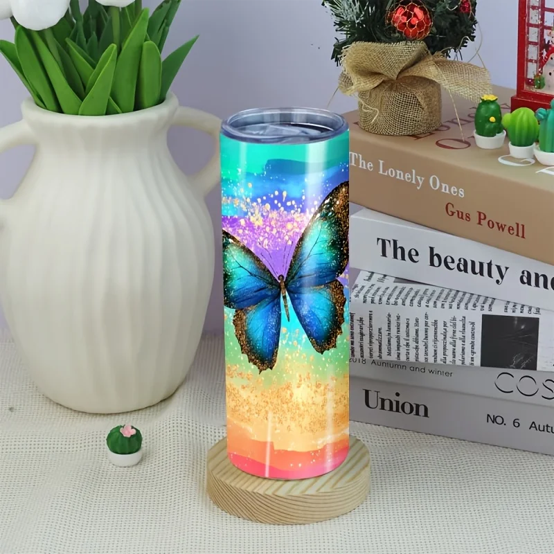 1pc 20oz Straight Tumbler with Mystic Blue Butterfly and Dazzling Background Pattern, Portable and Stylish Sports Cup. A Holiday Gift for Fitness Enthusiasts, Athletes, Daughters, Dads, Moms, Relatives, and Classmates. Includes Lid and Straw.