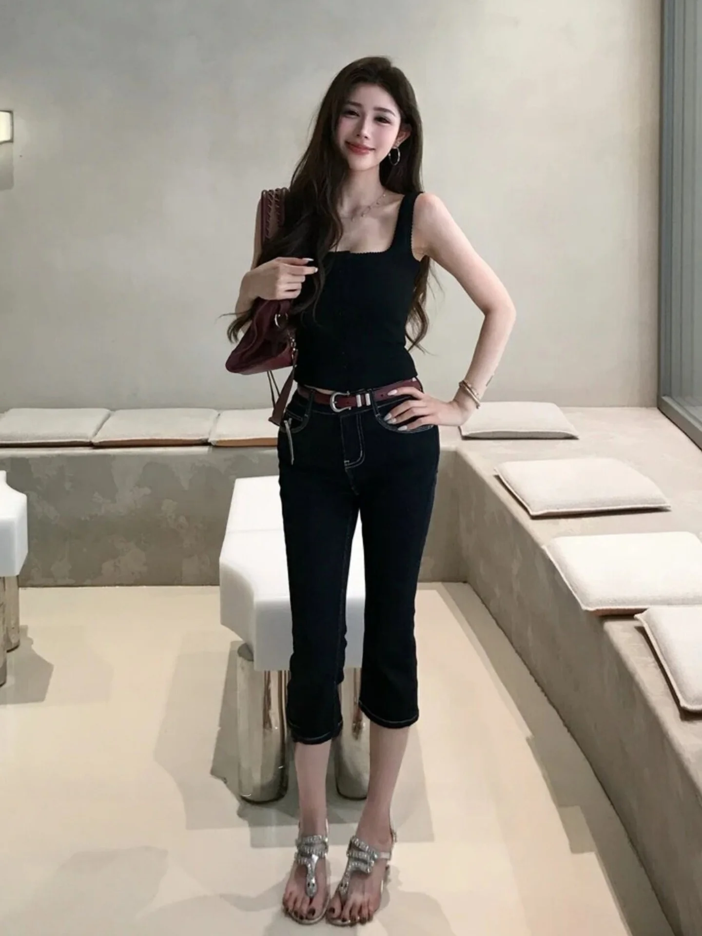 

American Retro Women's High Waist Slimming Straight Leg Jeans Casual Seven-Foot Lengthen Butt Lifting Cotton Stretch Denim