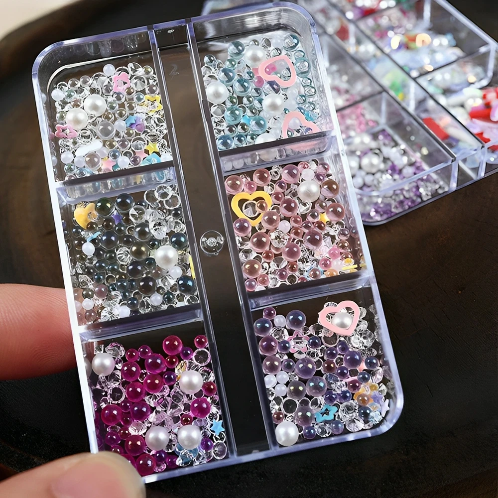 6Grids Mixed Design Mermaid Tears Nail Art Charms Supplies Macaron Bubble Beads Nails Decoration Rhinestone Pearl Accessories