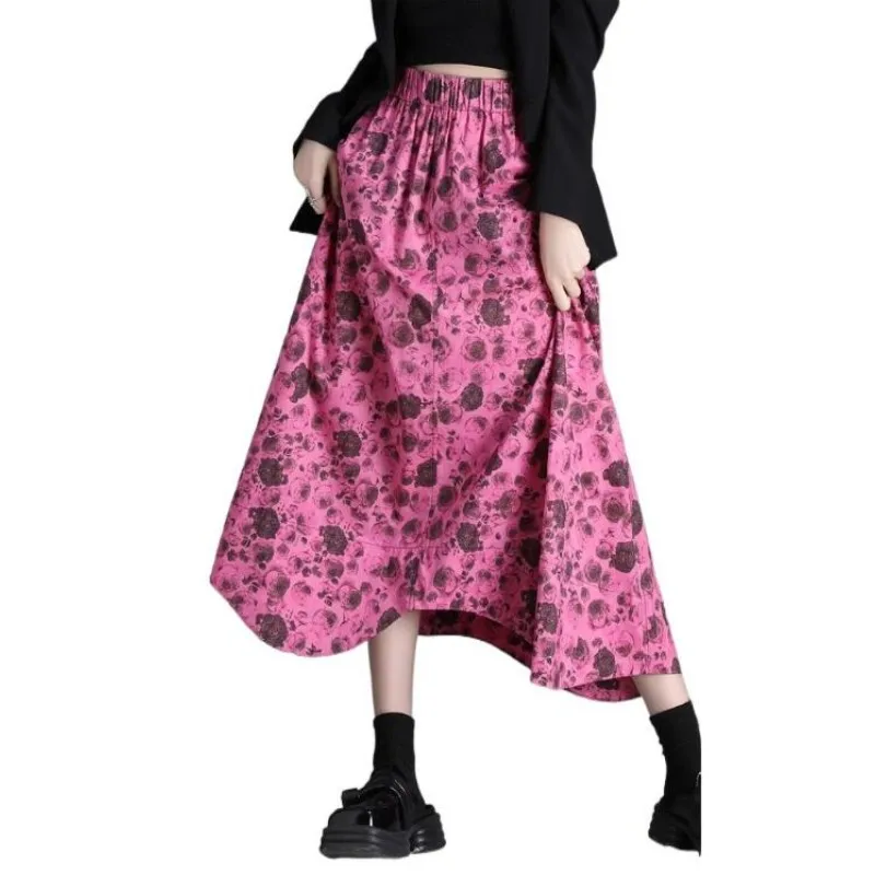 

plus size Women Patchwork rose Floral Print Big Swing Casual Long Skirt Vintage High Waist Chic cotton skirt Female Faldas Mujer