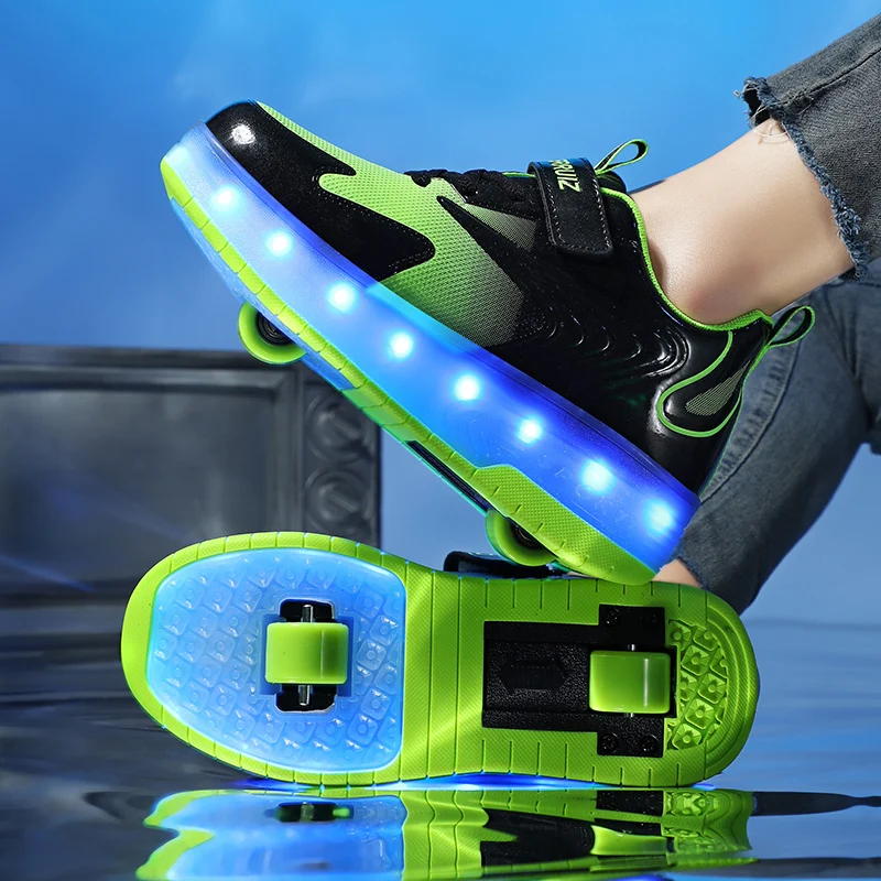 28-40 Led 2Wheels Designer Sneakers for Baby Boys Girls Women USB Charging Luxury Glowing Roller Skate Kids Light Children Shoes