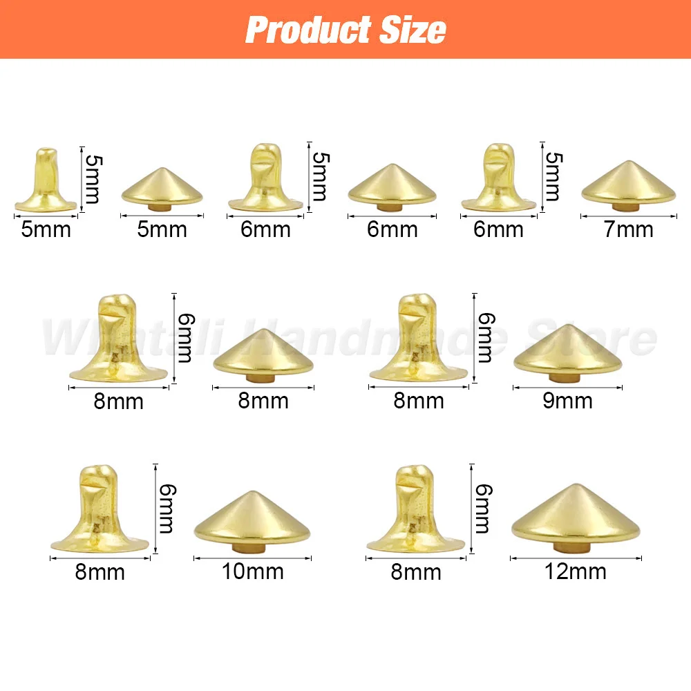 100sets 5mm-12mm Conical Rivet Spikes For DIY Punk Rock Clothes Shoes Bags Decoration Leathercraft Accessories