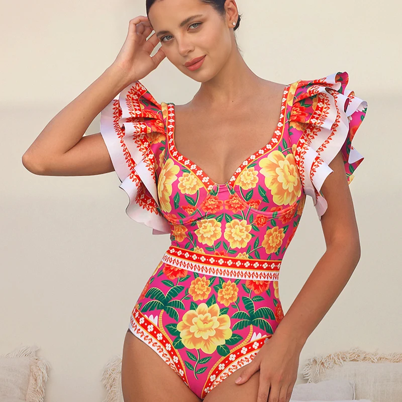 Women Print Ruffle One Piece Swimsuit Off The Shoulder Swimwear Women Sexy Swimsuit Deep-V Bathing Suits Beach Wear Swim Suit
