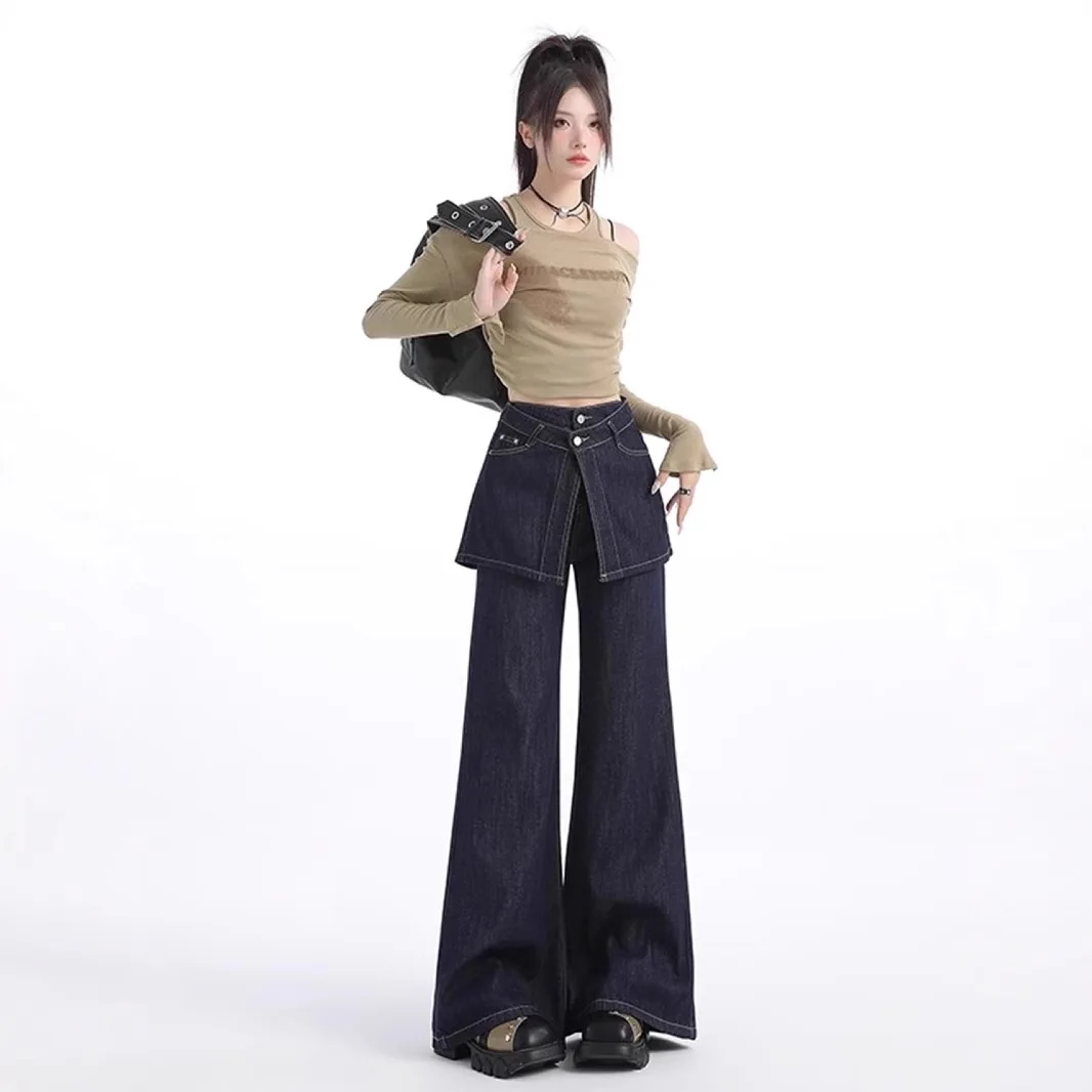 Deep Blue High Waist Bell Bottom Jeans Women's Loose Fit Straight Leg Jeans Summer 2025 Casual High Waist Denim Pants