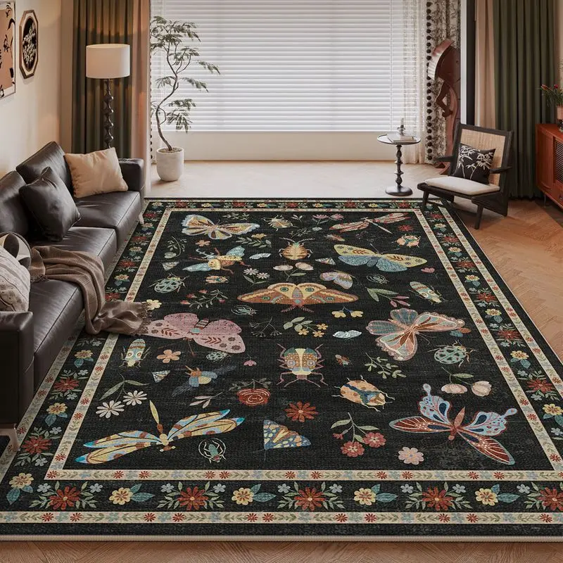 VIKAMA Vintage Bohemian Moth and Insect Area Rug—Durable, Non-Slip, Aesthetic Living Room Rug for Home Decor