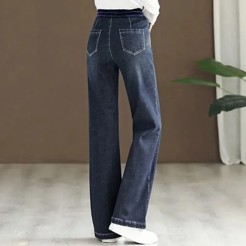 Calça Jeans larga vintage de cintura alta feminina, branqueada, com renda acima, estiramento, largo, grande, mãe, calças jeans, moda, 34