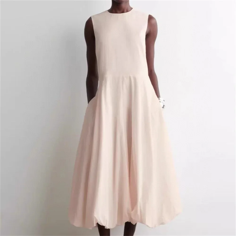 

Ladies Slim Fit Sexy Solid Midi Dress Elegant Casual Gown Women Sleeveless Fluffy Long A-Line Dress